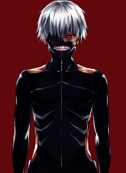 Anime picture 790x1090 with tokyo ghoul studio pierrot kaneki ken shiromi (ringo) single tall image fringe simple background red eyes grey hair hair over one eye teeth looking down red background boy mask zipper