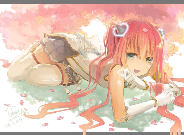 Anime picture 1300x954 with original ghostas single long hair open mouth pink hair girl thighhighs skirt gloves petals white thighhighs elbow gloves