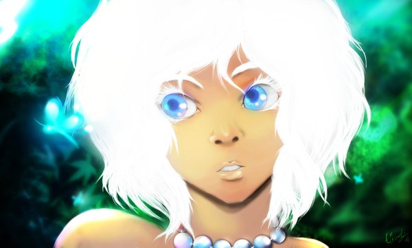 Anime picture 3300x1989 with ibroid (artist) single highres short hair blue eyes wide image looking away white hair lips dark skin girl choker beads