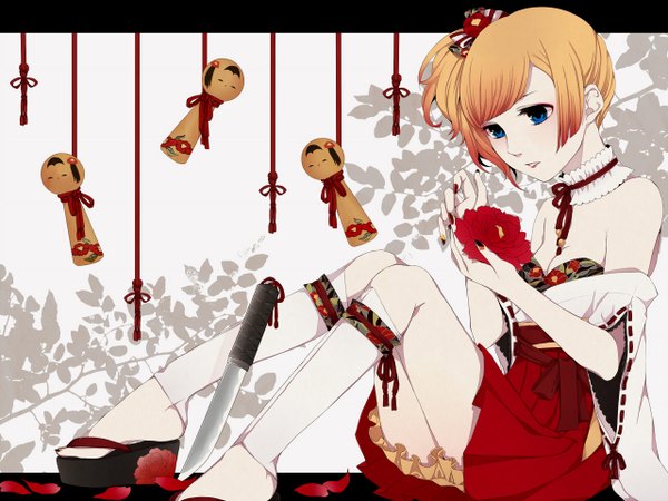 Anime picture 1280x960 with vocaloid kagamine rin satochi single blush short hair open mouth blue eyes blonde hair sitting bare shoulders holding cleavage ponytail nail polish traditional clothes japanese clothes lipstick floral print eyeshadow