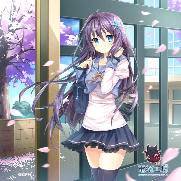 Anime picture 3000x3000 with original shoufukucho single long hair looking at viewer highres blue eyes purple hair light smile cherry blossoms girl thighhighs dress hair ornament black thighhighs plant (plants) petals tree (trees)