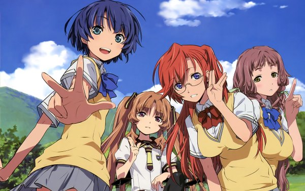 Anime picture 2560x1600 with ano natsu de matteru j.c. staff tanigawa kanna takatsuki ichika yamano remon kitahara mio long hair highres short hair open mouth blue eyes brown hair wide image twintails multiple girls brown eyes yellow eyes blue hair sky cloud (clouds)