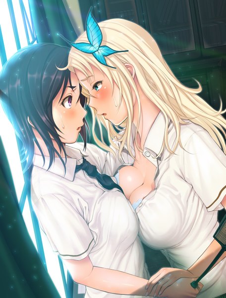 Anime picture 1152x1514 with boku wa tomodachi ga sukunai kashiwazaki sena mikazuki yozora oretoreon long hair tall image blush breasts open mouth blue eyes light erotic black hair blonde hair purple eyes multiple girls cleavage shoujo ai eye contact girl hair ornament