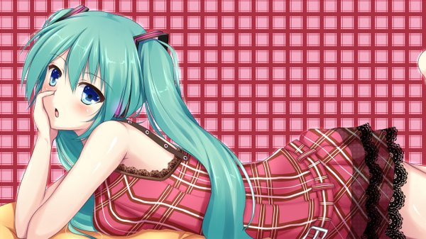 Anime picture 1280x720 with vocaloid hatsune miku yappen single blush open mouth blue eyes wide image twintails lying very long hair aqua hair head rest plaid plaid background girl dress hair ornament plaid dress