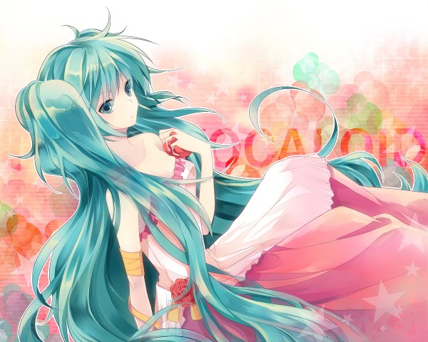 Anime picture 1200x960 with vocaloid hatsune miku t miyanagi single long hair sitting twintails bare shoulders green eyes very long hair green hair girl dress