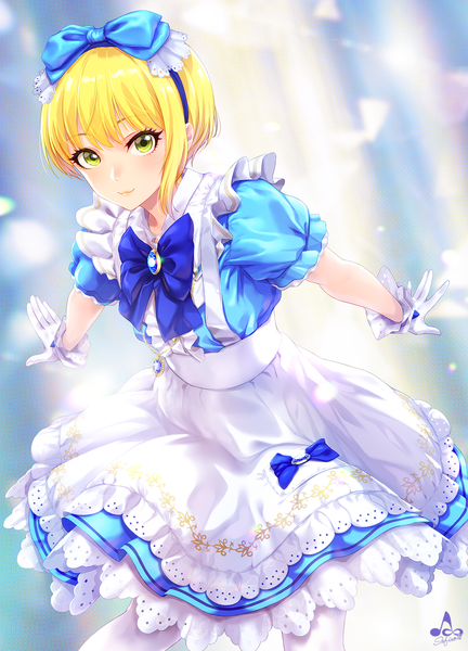 Anime picture 1200x1666 with idolmaster idolmaster cinderella girls miyamoto frederica infinote single tall image looking at viewer blush fringe short hair blonde hair standing green eyes signed spread arms :3 girl dress gloves bow