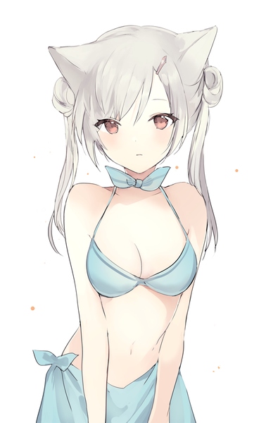 Anime picture 642x1017 with original lpip single long hair tall image looking at viewer fringe light erotic simple background red eyes white background twintails animal ears grey hair cat ears cat girl hair bun (hair buns) breast squeeze girl swimsuit