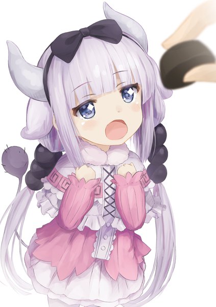 Anime picture 1000x1417 with kobayashi-san chi no maidragon kyoto animation kanna kamui hyouta (yoneya) long hair tall image blush fringe open mouth blue eyes simple background standing white background twintails payot silver hair tail blunt bangs horn (horns) low twintails