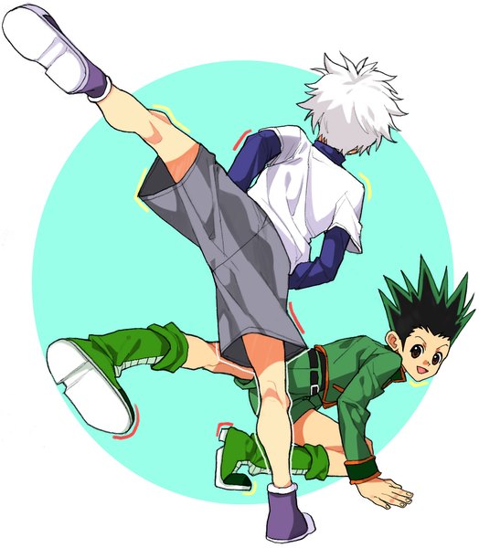 Anime picture 1112x1272 with hunter x hunter killua zaoldyeck gon freaks arutera tall image short hair open mouth simple background red eyes white hair green hair multiple boys hands in pockets battle boy shorts boots 2 boys