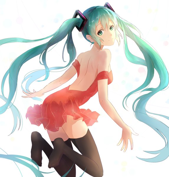 Anime picture 1890x1980 with vocaloid hatsune miku lan jue single long hair tall image looking at viewer blush highres simple background smile white background twintails bare shoulders looking back aqua eyes aqua hair bare belly no shoes turning head