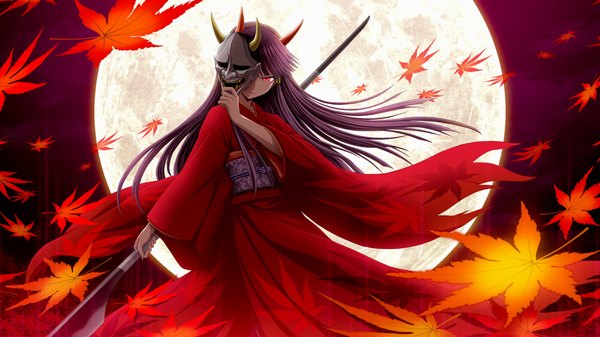 Anime picture 1920x1080 with original hinomoto oniko outsider 0 single long hair looking at viewer fringe highres red eyes wide image standing holding purple hair long sleeves traditional clothes japanese clothes horn (horns) wind night wide sleeves