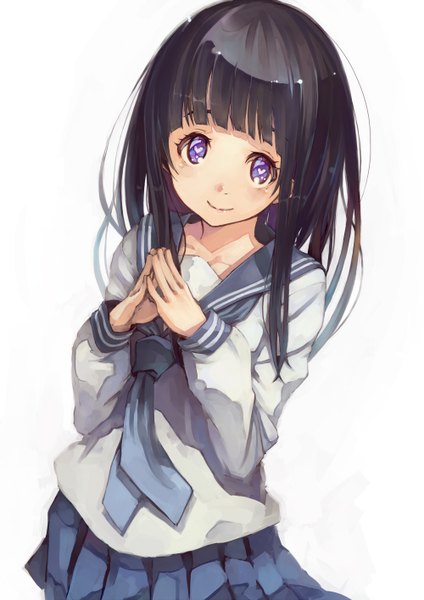 Anime picture 1000x1414 with hyouka kyoto animation chitanda eru suzuno (bookshelf) single long hair tall image blush black hair simple background smile white background purple eyes pleated skirt sunlight symbol-shaped pupils fingers together girl skirt uniform