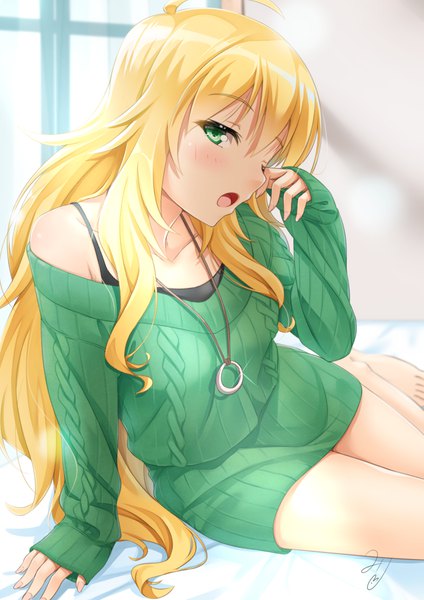 Anime picture 827x1169 with idolmaster hoshii miki miri (ago550421) single long hair tall image looking at viewer blush open mouth blonde hair bare shoulders green eyes girl sweater