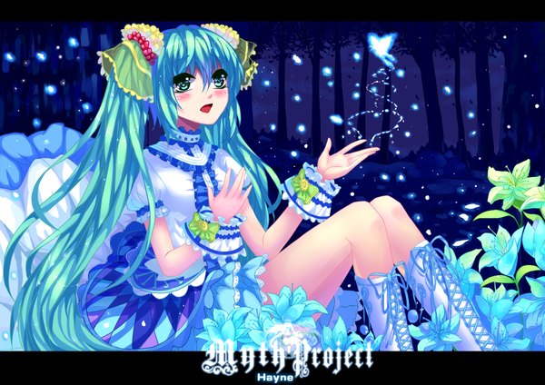 Anime picture 3508x2480 with vocaloid hatsune miku hayne (artist) single blush highres open mouth sitting twintails absurdres very long hair aqua eyes aqua hair night girl dress flower (flowers) bow plant (plants) tree (trees)
