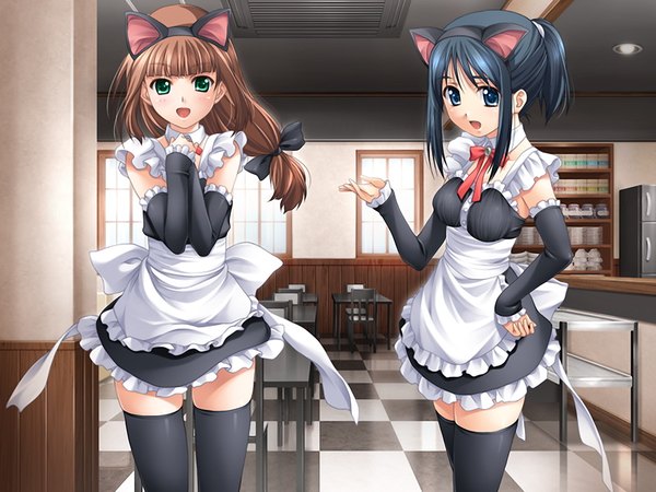 Anime picture 1200x900 with blue eyes black hair brown hair multiple girls green eyes animal ears game cg maid girl thighhighs black thighhighs 2 girls cafe
