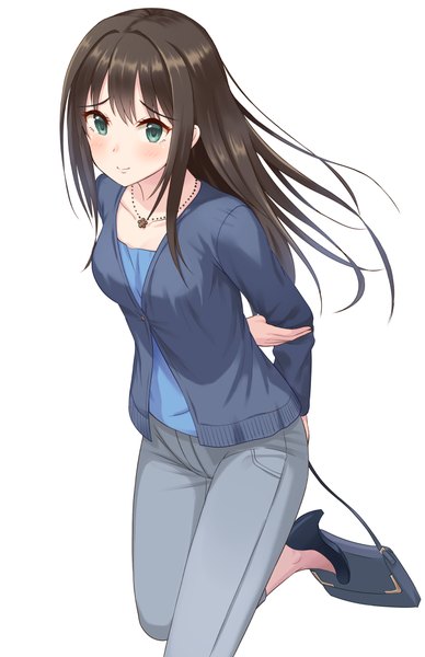 Anime picture 700x1081 with idolmaster idolmaster cinderella girls shibuya rin tamakaga single long hair tall image blush fringe simple background smile brown hair standing white background green eyes looking away bent knee (knees) from above standing on one leg hands behind back