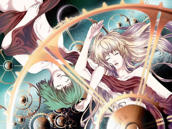 Anime picture 1600x1200 with macross macross frontier sheryl nome ranka lee poker-face-008 long hair short hair open mouth light erotic blonde hair bare shoulders multiple girls lying eyes closed green hair sleeping space girl 2 girls planet