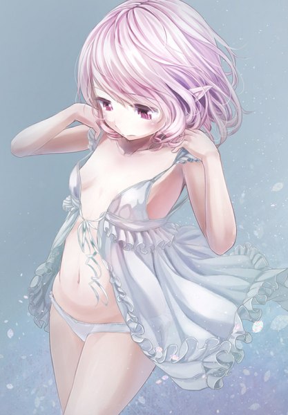Anime picture 678x975 with ell single tall image blush fringe short hair breasts light erotic simple background pink hair pink eyes wind pointy ears arms up looking down flat chest girl navel underwear panties