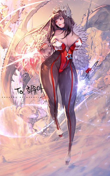 Anime picture 625x1000 with blade & soul nightmadness single long hair tall image fringe breasts light erotic looking away lips heterochromia huge breasts wide hips girl weapon clothes