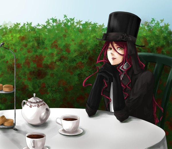 Anime picture 1307x1133 with will o' wisp (game) yu-ka (artist) single long hair yellow eyes pink hair lips boy gloves hat rose (roses) cup teapot tea