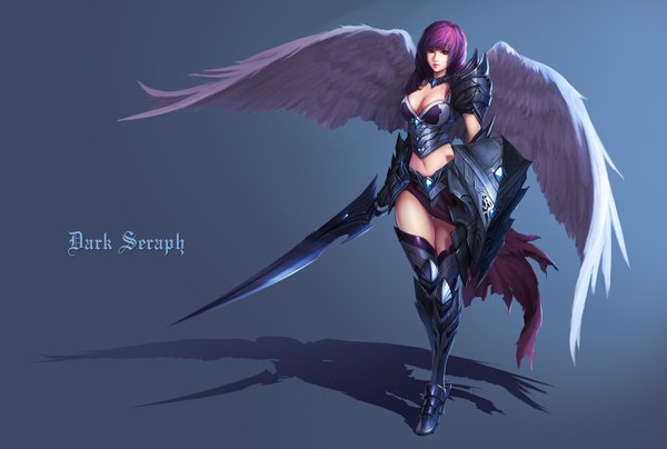 Anime picture 1485x1000 with original chaosringen single long hair looking at viewer light erotic standing purple eyes purple hair realistic shadow lipstick gradient background angel wings girl navel weapon sword wings armor