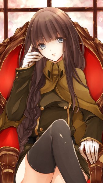 Anime picture 676x1200 with bemani shiho (mono0207) single long hair tall image looking at viewer fringe brown hair sitting bent knee (knees) braid (braids) grey eyes crossed legs girl thighhighs black thighhighs window cloak armchair