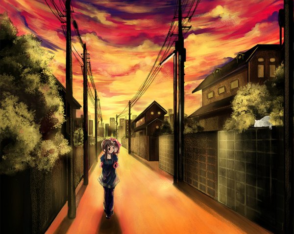 Anime picture 1024x819 with original miyabi akino smile brown hair sky cloud (clouds) city landscape street girl pants cat wire (wires) child (children)