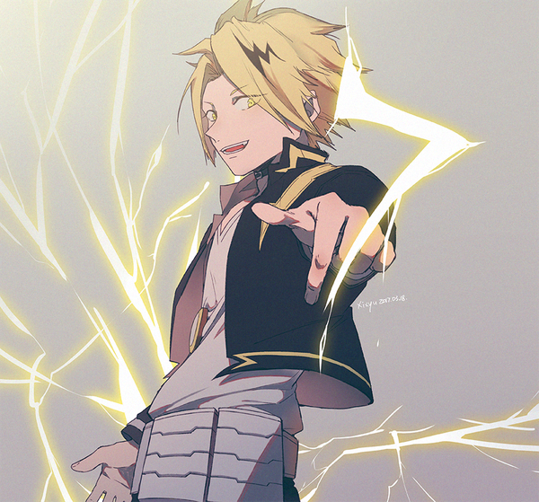 Anime picture 900x839 with boku no hero academia studio bones kaminari denki xi yuu single looking at viewer short hair open mouth simple background blonde hair signed yellow eyes upper body grey background dated electricity boy number (numbers)