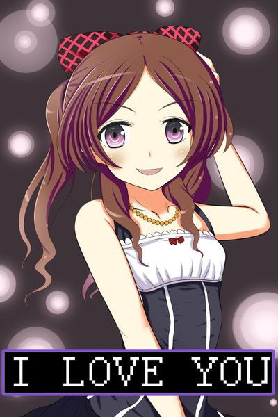Anime picture 1440x2160 with original kawano masatoshi long hair tall image looking at viewer blush smile brown hair bare shoulders pink eyes inscription girl dress bow hair bow necklace