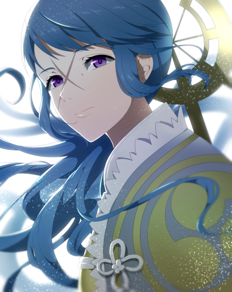 Anime picture 650x819 with fire emblem fire emblem fates yuugiri (fire emblem if) laila litta single long hair tall image looking at viewer fringe simple background white background purple eyes blue hair upper body traditional clothes japanese clothes facial mark eyebrows girl frills