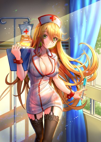 Anime picture 858x1200 with original tako seijin (takos000) single long hair tall image breasts light erotic blonde hair smile hair between eyes large breasts green eyes cleavage sunlight nurse girl thighhighs uniform black thighhighs nurse cap