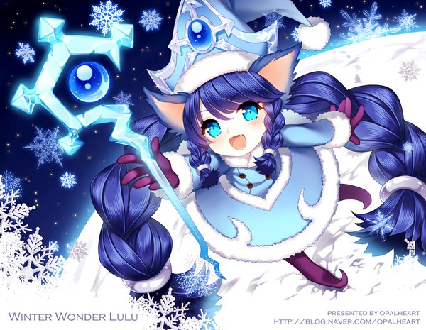 Anime picture 1010x783 with league of legends lulu (league of legends) opalheart single blush fringe open mouth blue eyes smile hair between eyes twintails animal ears blue hair braid (braids) very long hair :d fang (fangs) girl star (stars) staff