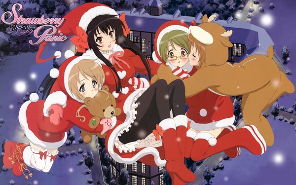 Anime picture 1920x1200 with strawberry panic madhouse blush highres open mouth light erotic wide image multiple girls :o zettai ryouiki fur trim hug snowing christmas winter snow shoujo ai exhalation surprised weightlessness