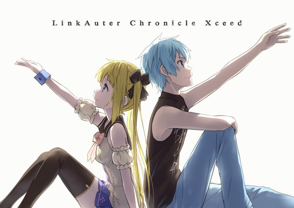 Anime picture 1012x716 with linkauter chronicle xceed errant long hair short hair blue eyes simple background blonde hair smile white background sitting twintails blue hair looking away bent knee (knees) profile puffy sleeves copyright name sleeveless outstretched arm back to back