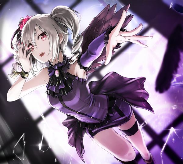 Anime picture 1000x897 with idolmaster idolmaster cinderella girls kanzaki ranko tea (nakenashi) single looking at viewer fringe open mouth smile hair between eyes red eyes twintails silver hair nail polish hair flower blurry teeth armpit (armpits) sleeveless outstretched arm