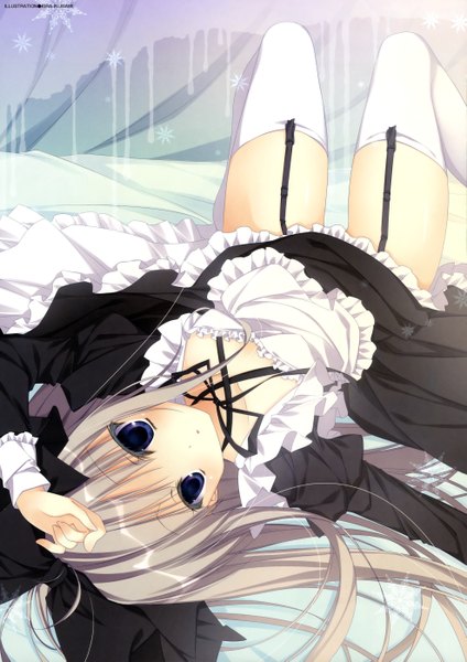 Anime picture 3947x5585 with inugami kira single long hair tall image looking at viewer highres open mouth blue eyes light erotic absurdres cleavage silver hair :o on back hand on head reclining leg lift (legs lift) lolita fashion goth-loli girl