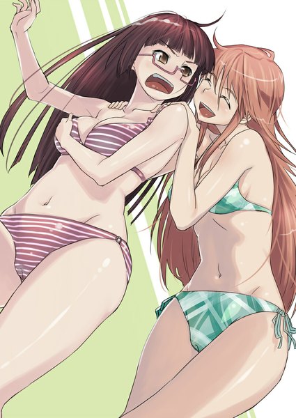 Anime picture 800x1129 with miniskirt pirates katou marika chiaki kurihara inu (aerodog) long hair tall image blush breasts open mouth light erotic smile brown hair multiple girls brown eyes pink hair eyes closed hand on chest hand on another's shoulder girl 2 girls