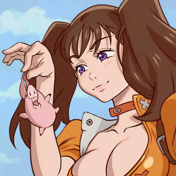 Anime picture 900x900 with nanatsu no taizai a-1 pictures diane (nanatsu no taizai) hawk (nanatsu no taizai) ilya kuvshinov long hair blush fringe breasts open mouth light erotic smile brown hair purple eyes twintails holding sky cloud (clouds) eyes closed lips