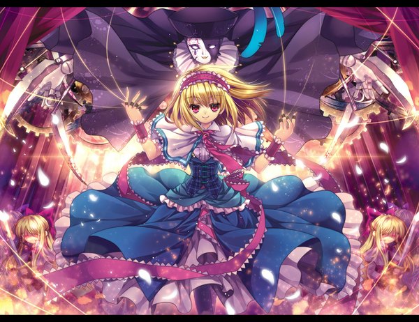 Anime picture 1000x771 with touhou alice margatroid capura lin looking at viewer short hair blonde hair smile red eyes girl dress weapon frills hairband doll (dolls)