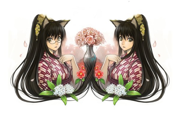 Anime picture 1100x700 with original kurojishi (artist) looking at viewer fringe black hair white background multiple girls green eyes animal ears ponytail very long hair traditional clothes head tilt japanese clothes cat ears hand on chest portrait twins girl hair ornament