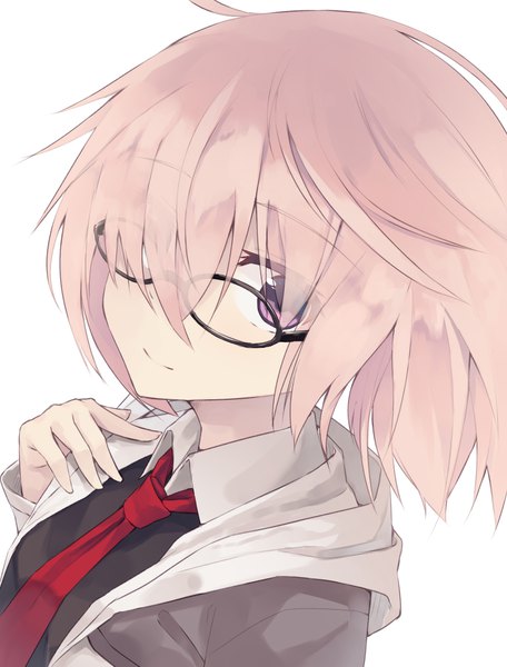 Anime picture 824x1084 with fate (series) fate/grand order mash kyrielight nagishiro mito single tall image looking at viewer fringe short hair simple background smile white background purple eyes pink hair purple hair upper body long sleeves light smile hair over one eye open clothes