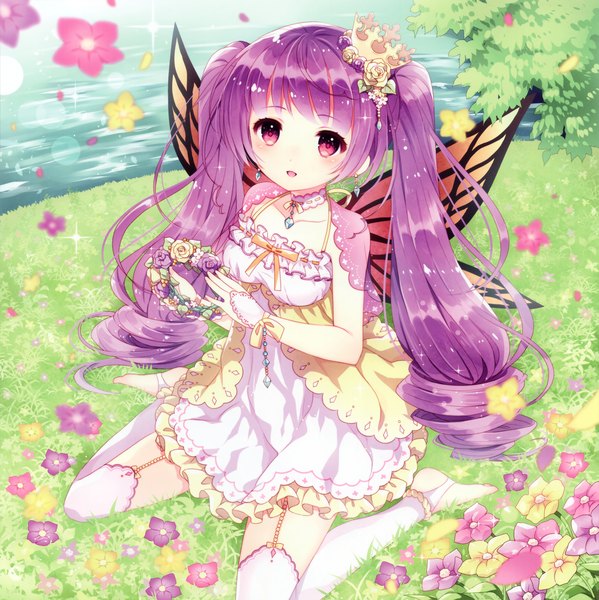 Anime picture 3592x3599 with hime datsu! dungeons load wasabi (sekai) single long hair tall image looking at viewer highres open mouth purple eyes twintails absurdres purple hair drill hair insect wings butterfly wings girl thighhighs dress flower (flowers) white thighhighs