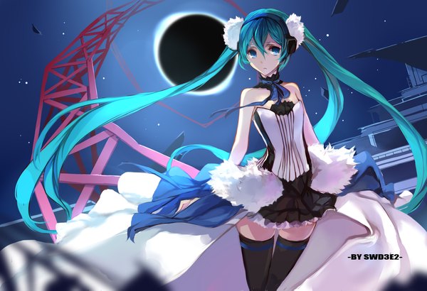 Anime picture 2244x1535 with vocaloid hatsune miku swd3e2 single looking at viewer highres twintails bare shoulders very long hair aqua eyes aqua hair night eclipse girl thighhighs dress black thighhighs choker headphones moon