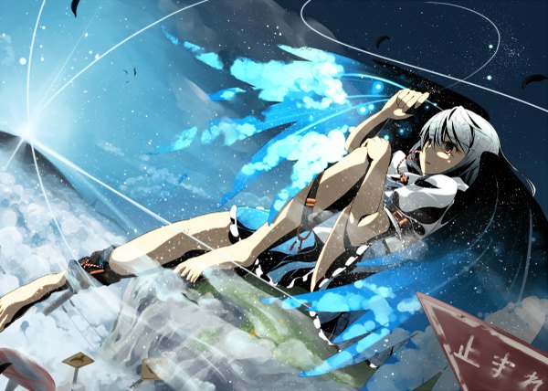 Anime picture 1200x857 with touhou shameimaru aya ryuu (tsukinoyuki) sky silver hair cloud (clouds) flying girl skirt ribbon (ribbons) wings