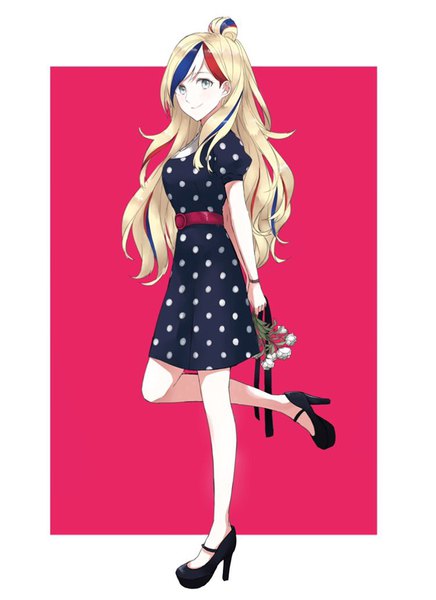 Anime picture 750x1032 with kantai collection commandant teste (kantai collection) morinaga (harumori) single long hair tall image looking at viewer fringe blue eyes blonde hair smile standing multicolored hair hair bun (hair buns) alternate costume puffy sleeves streaked hair standing on one leg hands behind back pink background