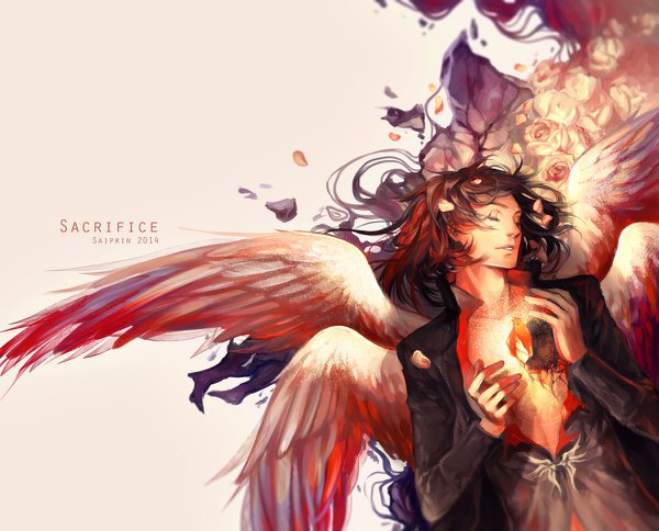 Anime picture 1200x968 with original saiprin single long hair brown hair signed lying eyes closed open shirt turning head angel wings multiple wings 2014 boy flower (flowers) shirt wings rose (roses)