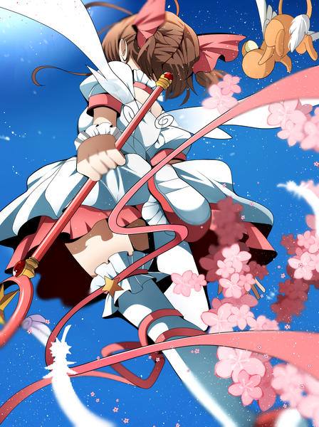 Anime picture 2094x2805 with card captor sakura clamp kinomoto sakura fumiko (miruyuana) single long hair tall image highres brown hair ahoge from below two side up cherry blossoms flying girl thighhighs dress flower (flowers) ribbon (ribbons) white thighhighs