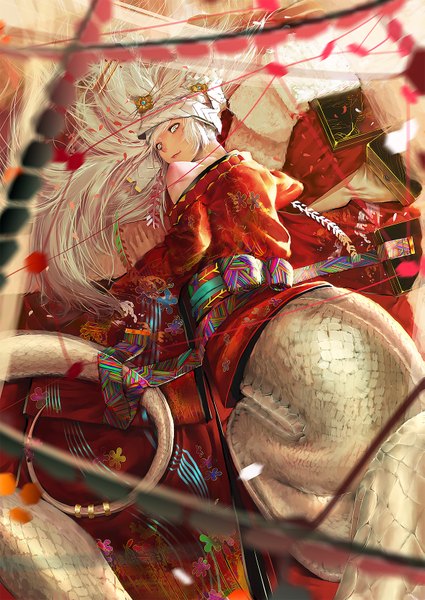 Anime picture 1181x1668 with original karasu-san (syh3iua83) single long hair tall image blush bare shoulders white hair tail lying traditional clothes japanese clothes looking back from above from behind off shoulder on stomach multicolored eyes lamia girl