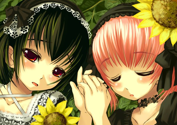 Anime picture 1698x1207 with original yu (bosshi) moe (bosshi) bosshi looking at viewer blush open mouth red eyes multiple girls pink hair eyes closed green hair holding hands close-up goth-loli girl 2 girls choker hairband sunflower