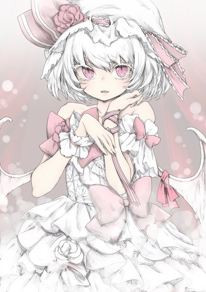 Anime picture 826x1169 with touhou remilia scarlet chikado single tall image fringe short hair red eyes bare shoulders white hair parted lips alternate costume bat wings albino girl bow wings bonnet